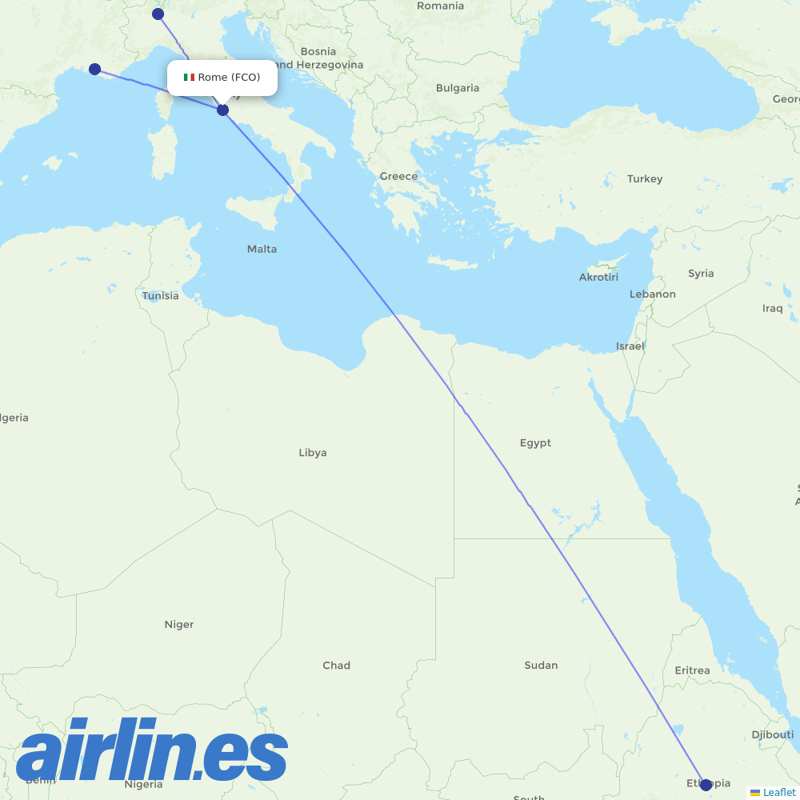 Ethiopian Airlines from Fiumicino destination map
