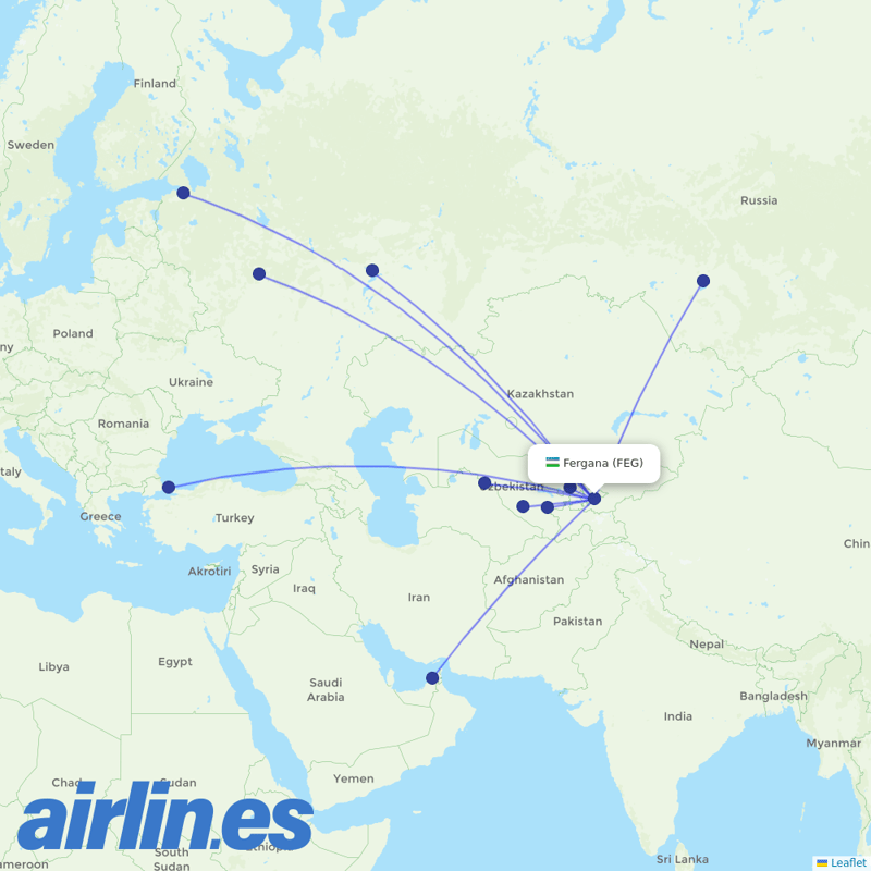 Uzbekistan Airways from Fergana Airport destination map