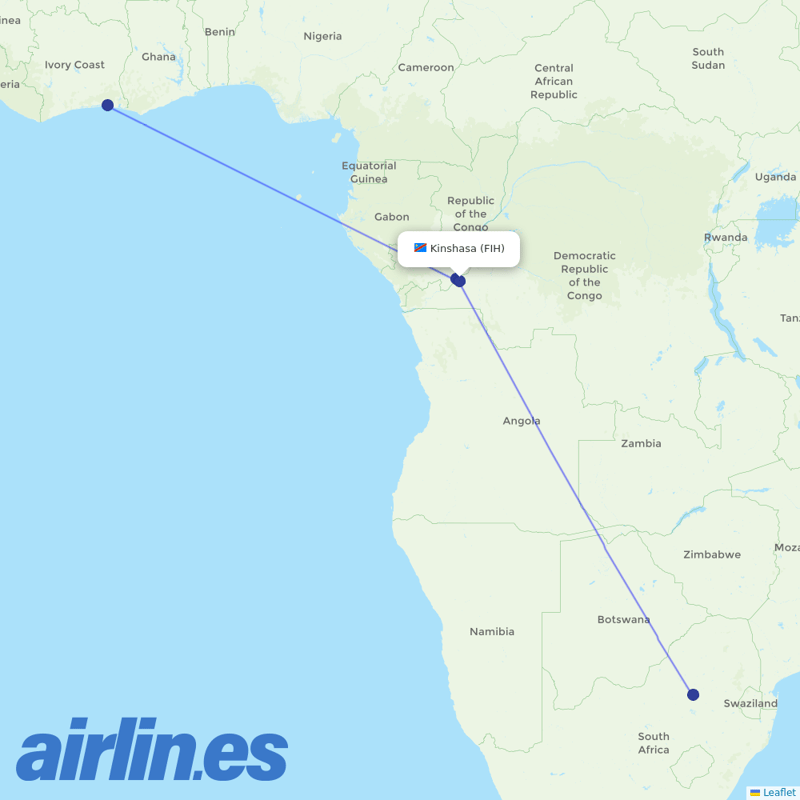 Air Cote D'Ivoire from Kinshasa Ndjili International destination map