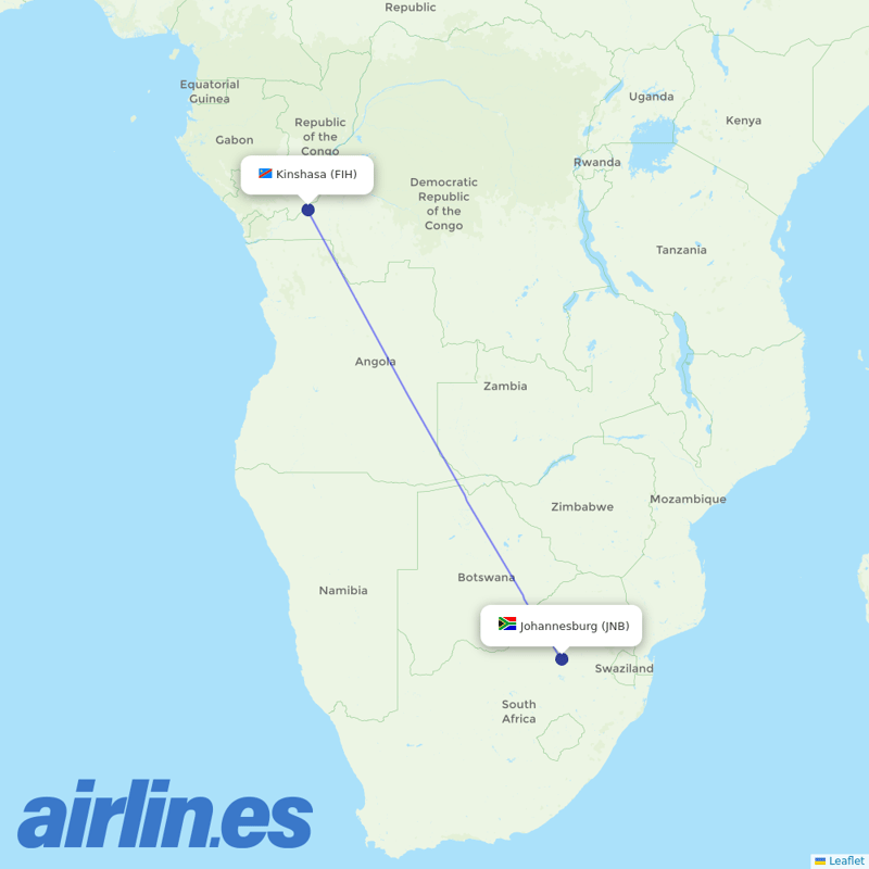 South African Airways from Kinshasa Ndjili International destination map