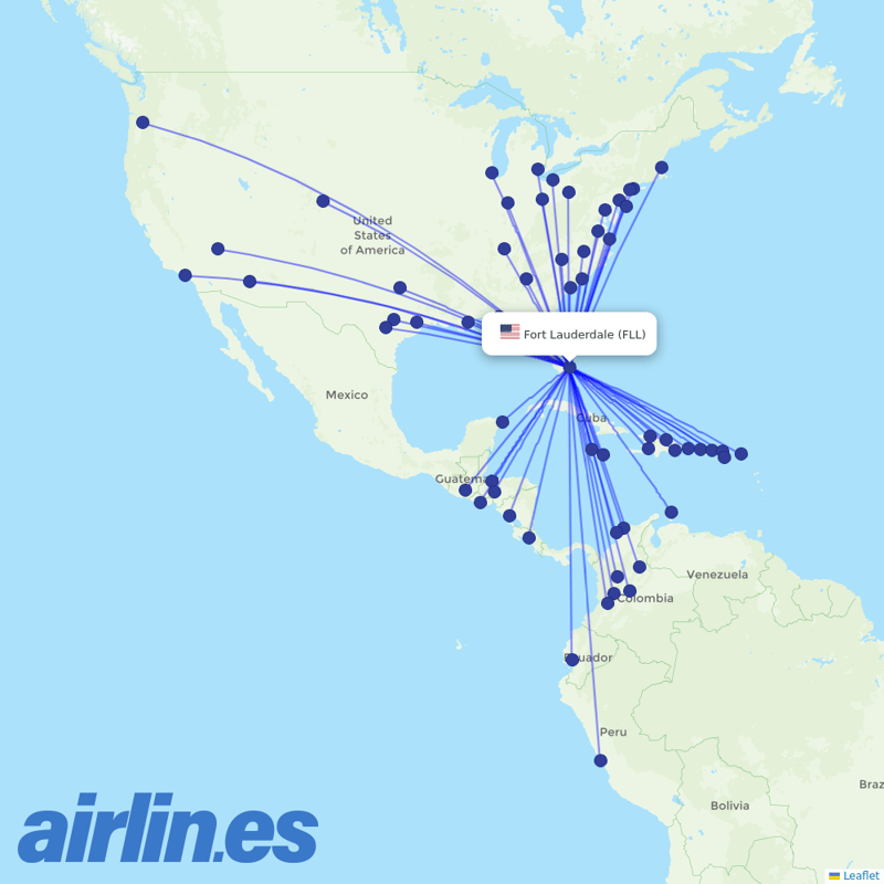 Spirit Airlines from Fort Lauderdale Hollywood International destination map