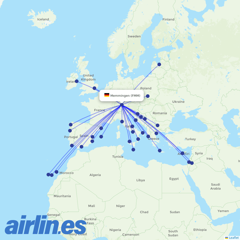 Ryanair from Memmingen Airport destination map