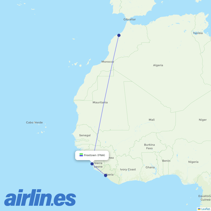 Royal Air Maroc from Freetown Lungi destination map