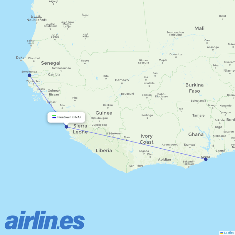 ASKY Airlines from Freetown Lungi destination map