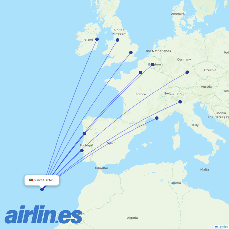 Ryanair from Madeira Airport destination map