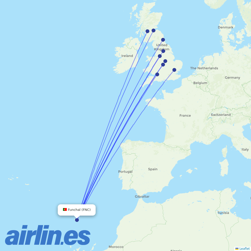 Jet2 from Madeira Airport destination map