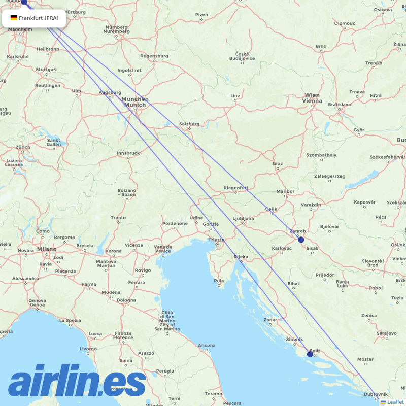Croatia Airlines from Frankfurt Airport destination map