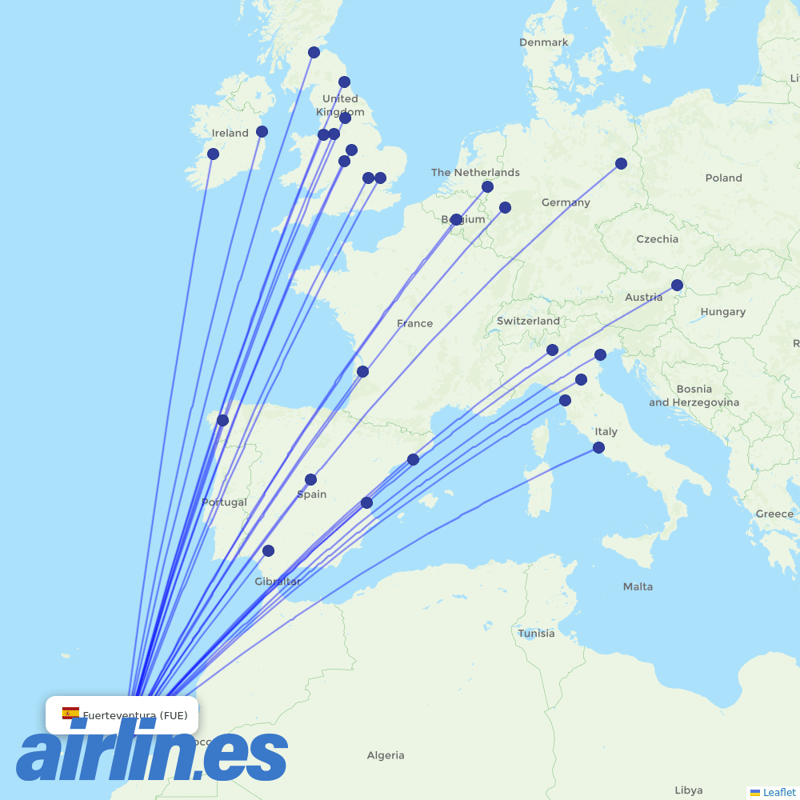 Ryanair from Fuerteventura Airport destination map
