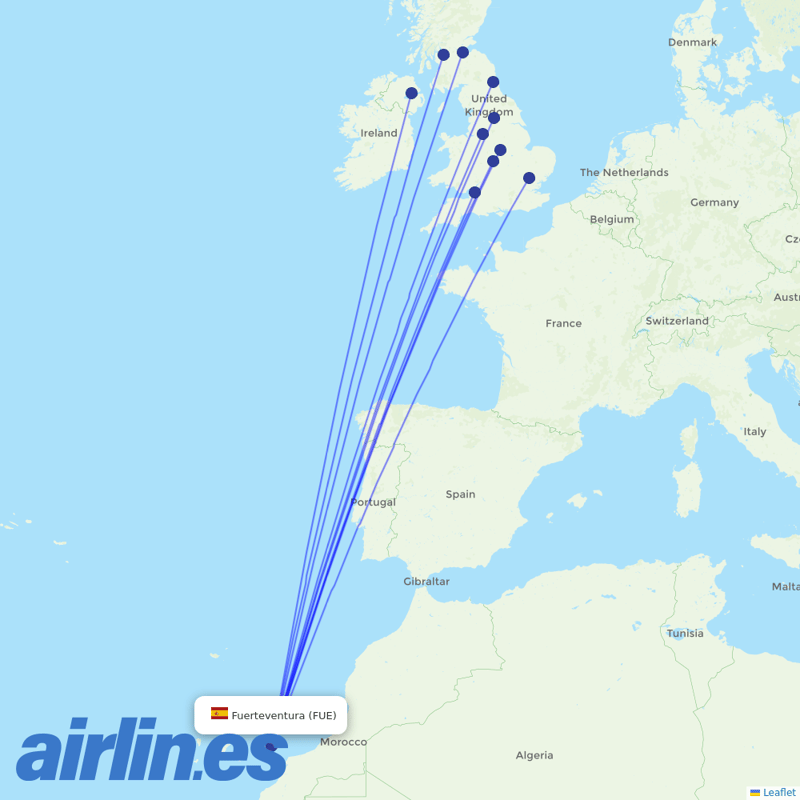 Jet2 from Fuerteventura Airport destination map
