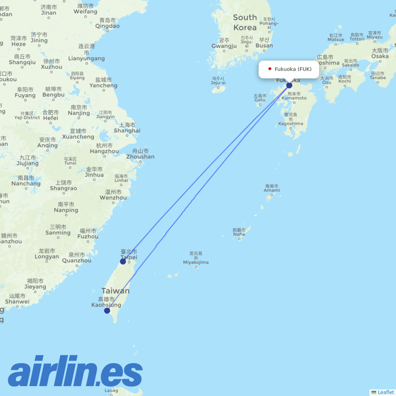 Tigerair Taiwan from Fukuoka destination map