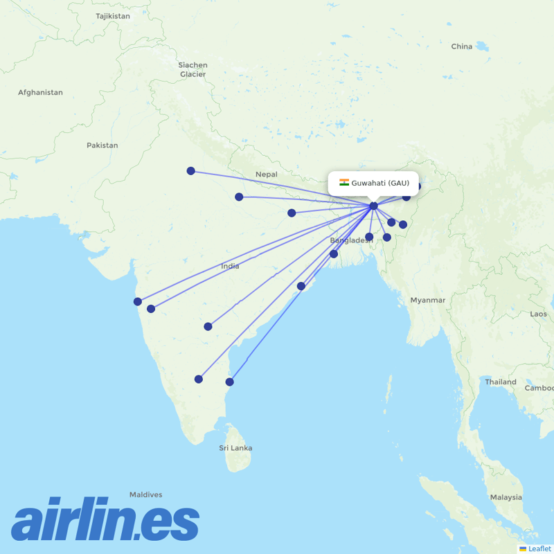 IndiGo from Lokpriya Gopinath Bordoloi International Airport destination map