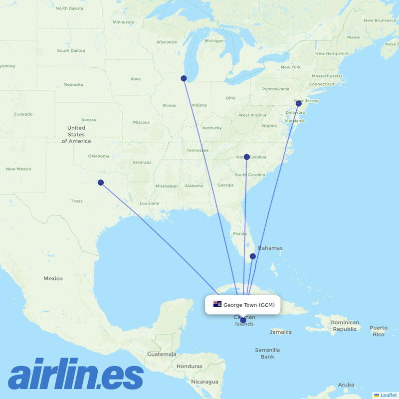 American Airlines from Grand Cayman destination map