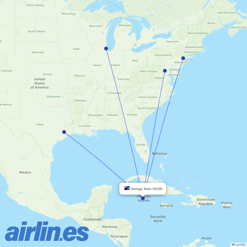 United Airlines from Grand Cayman destination map