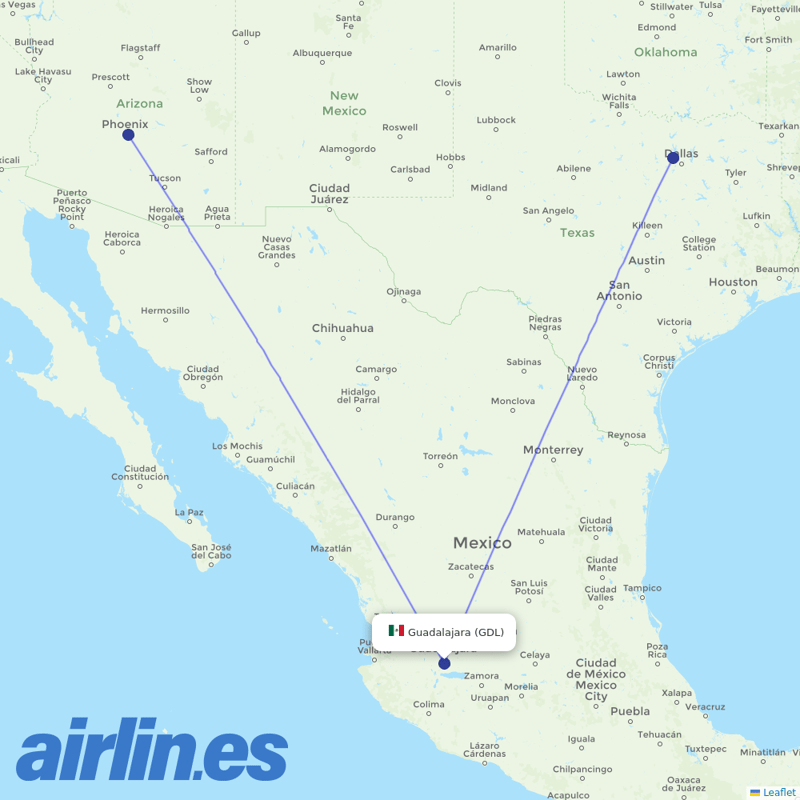 American Airlines from Guadalajara International Airport  destination map