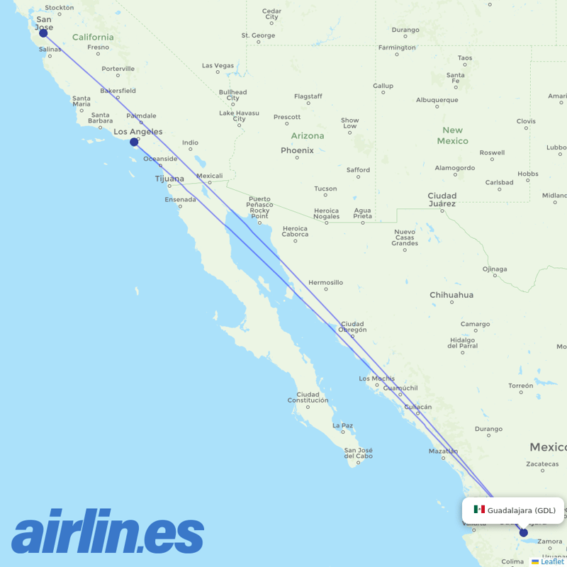 Alaska Airlines from Guadalajara International Airport  destination map