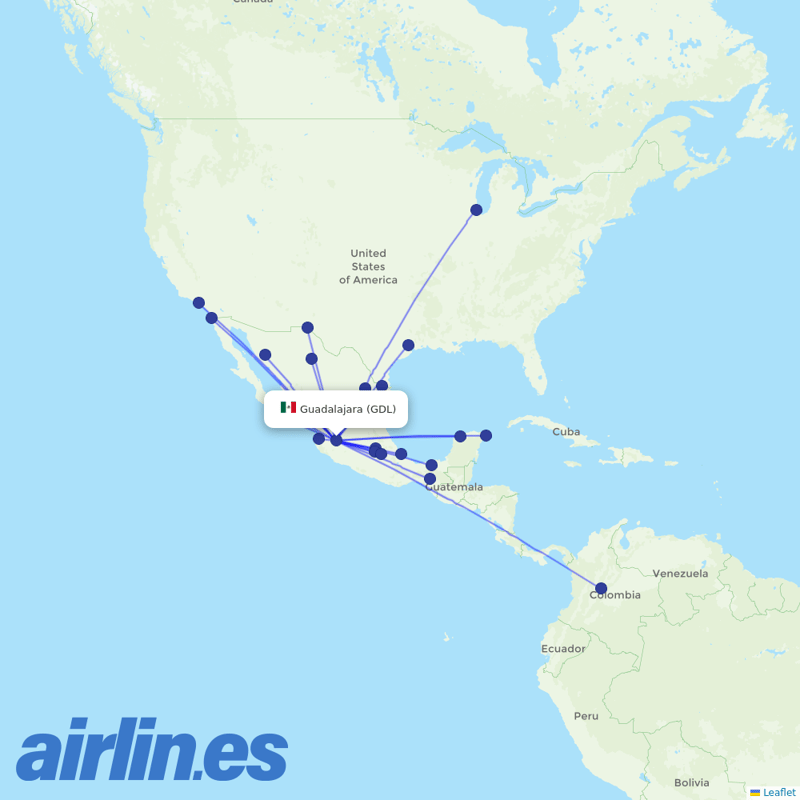 VivaAerobus from Guadalajara International Airport  destination map