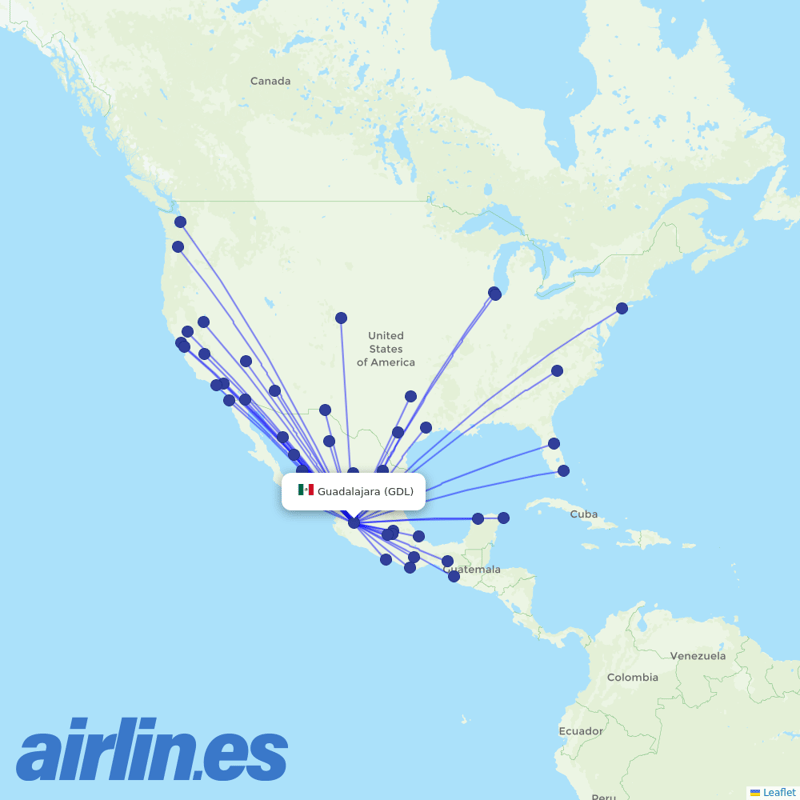 Volaris from Guadalajara International Airport  destination map