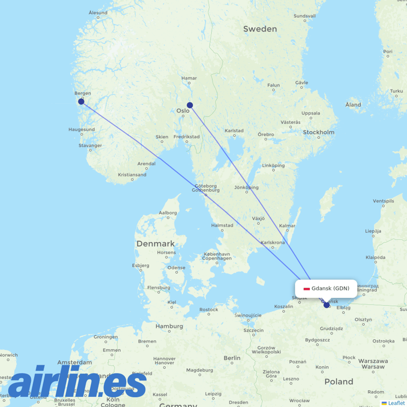 Norwegian Air from Gdańsk Lech Wałęsa Airport destination map