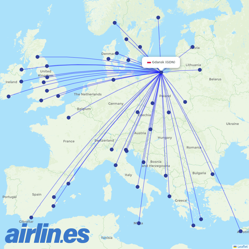 Ryanair from Gdańsk Lech Wałęsa Airport destination map