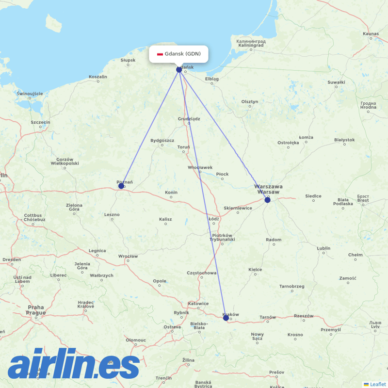 LOT - Polish Airlines from Gdańsk Lech Wałęsa Airport destination map
