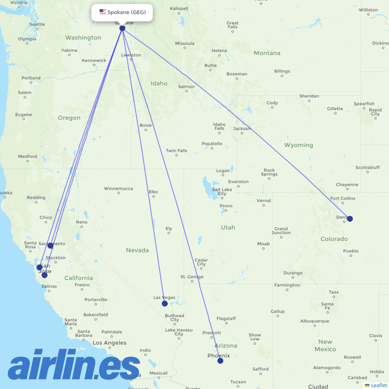 Southwest Airlines from Spokane International destination map