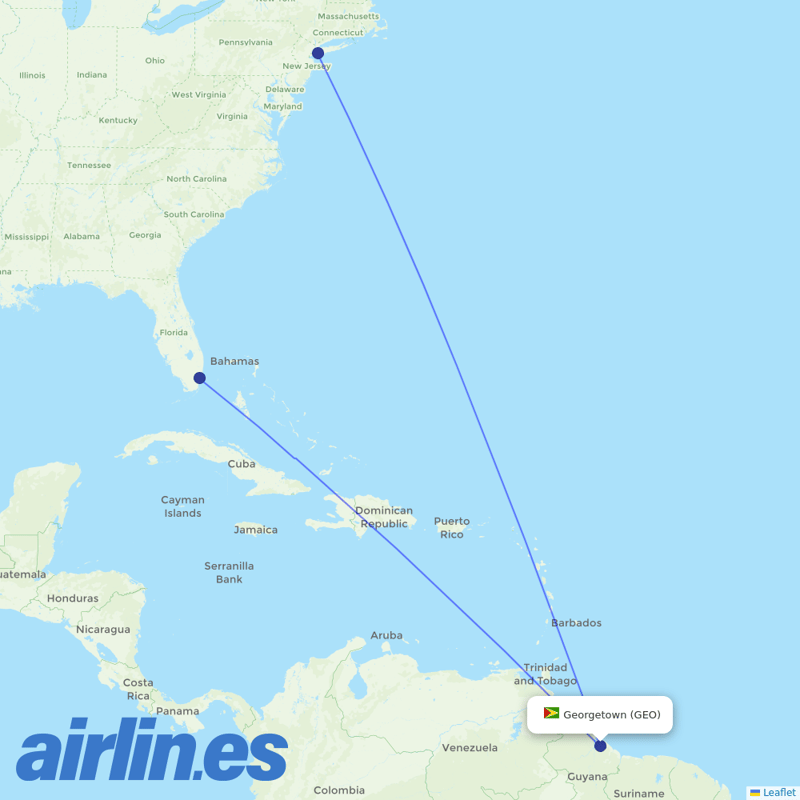 American Airlines from Cheddi Jagan Intl destination map