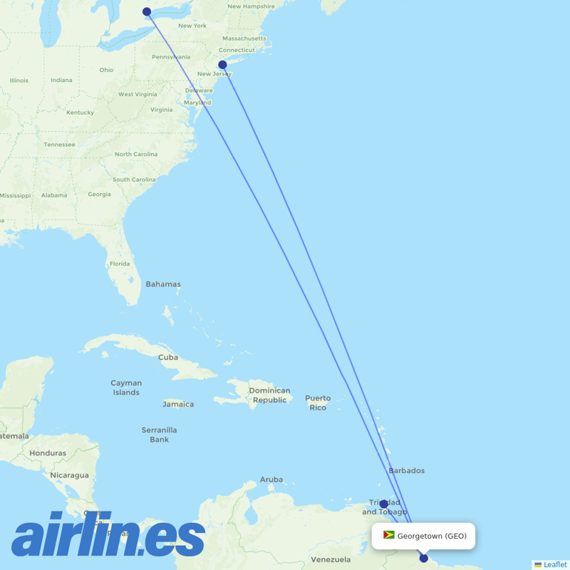 Caribbean Airlines from Cheddi Jagan Intl destination map