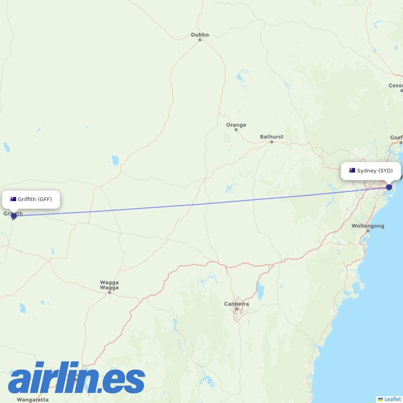 Qantas from Griffith destination map