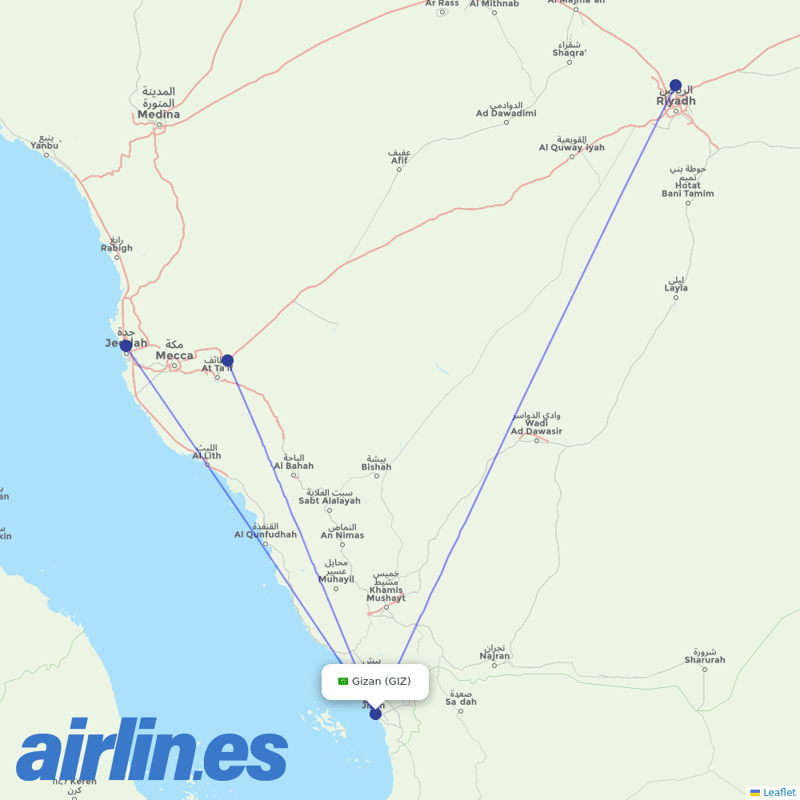 Saudia from Jazan destination map