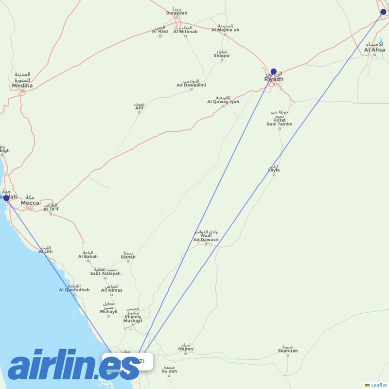 Flynas from Jazan destination map