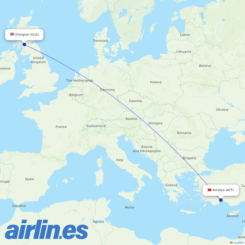 Corendon Airlines from Glasgow International Airport  destination map