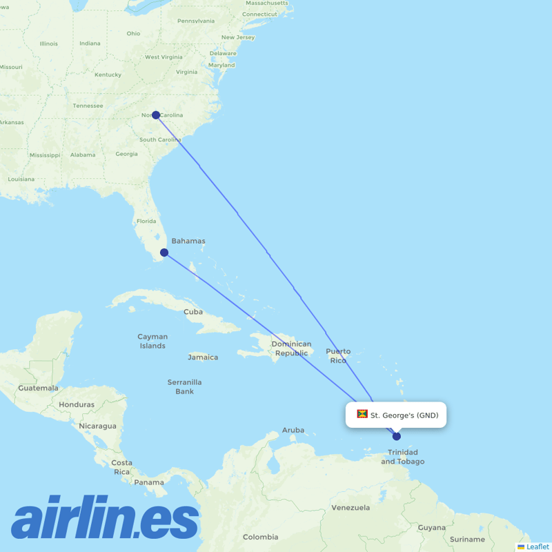 American Airlines from Grenada destination map