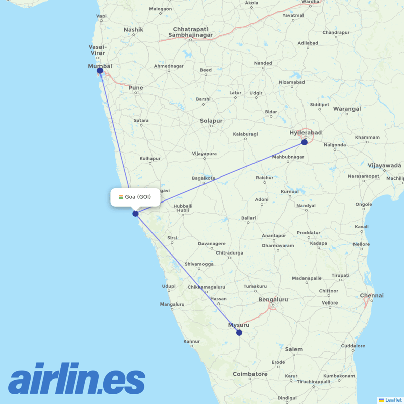 Air India from Goa destination map