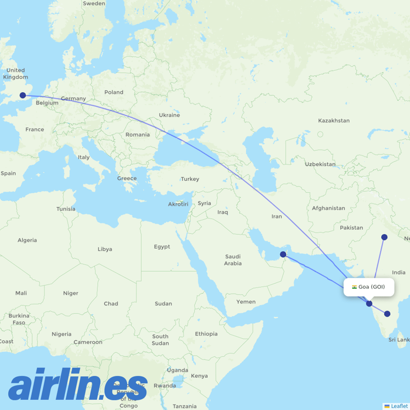 Air India from Goa destination map