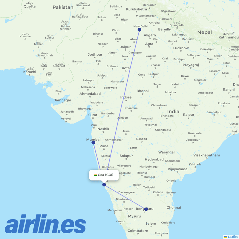Vistara from Goa destination map