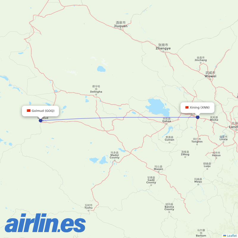 Tibet Airlines from Golmud destination map