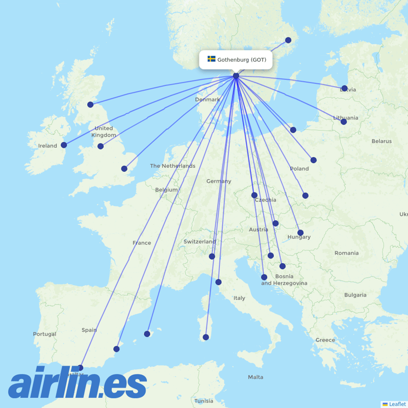 Ryanair from Göteborg Landvetter Airport destination map