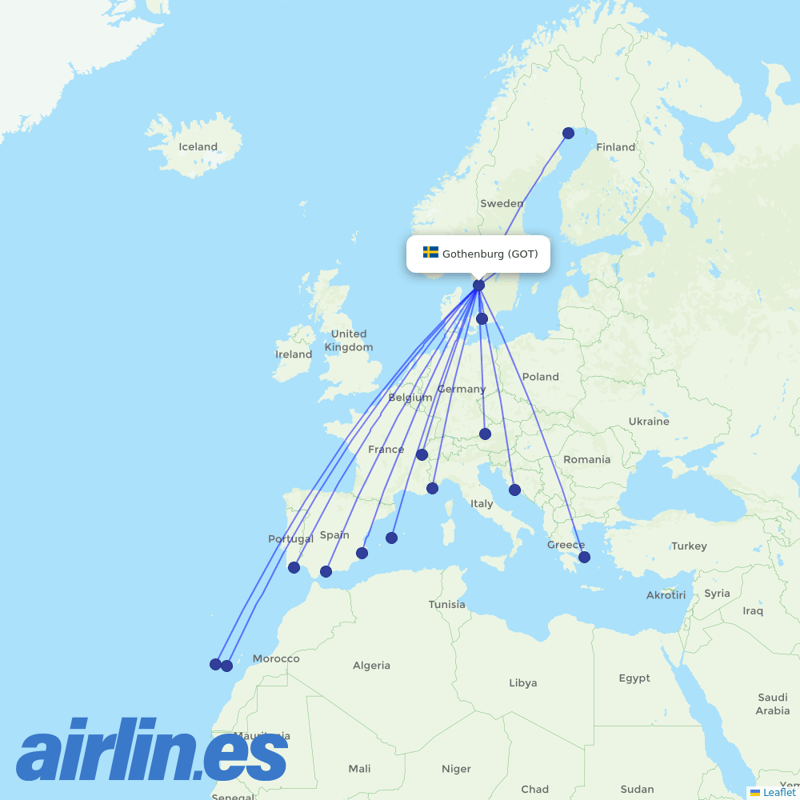 Scandinavian Airlines from Göteborg Landvetter Airport destination map