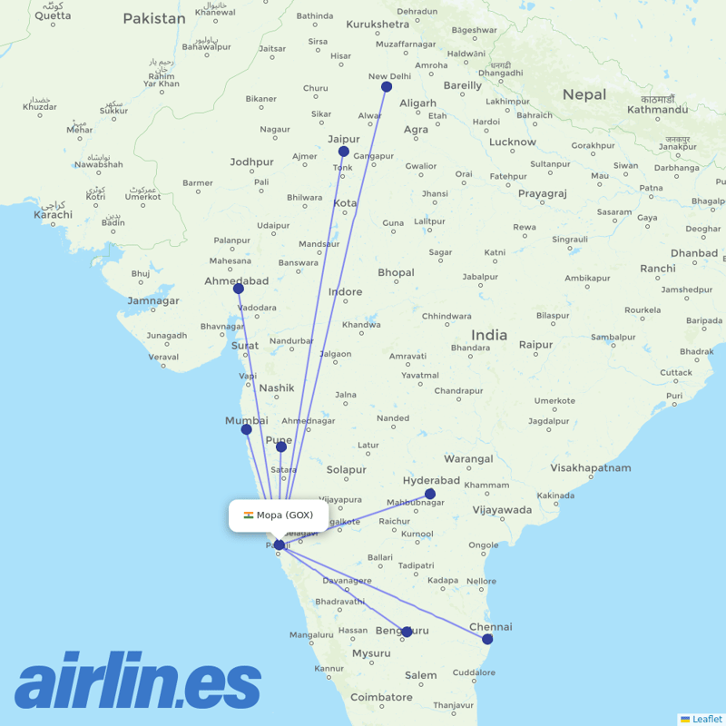 IndiGo from Mopa Airport destination map