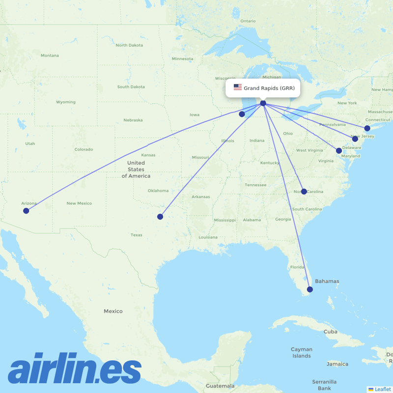 American Airlines from Gerald R Ford International destination map