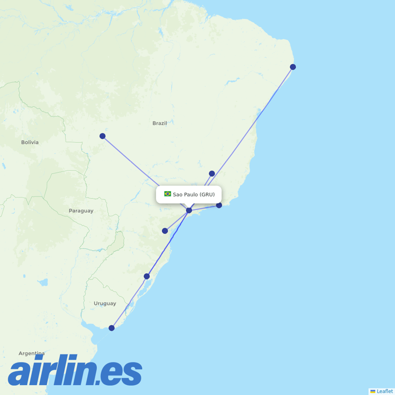 Azul from São Paulo/Guarulhos International Airport destination map