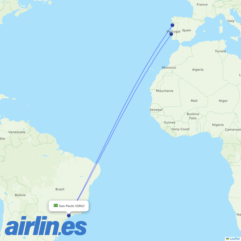 TAP Portugal from São Paulo/Guarulhos International Airport destination map