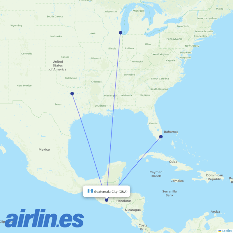 American Airlines from La Aurora destination map