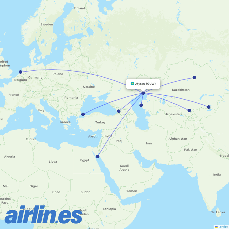 Air Astana from Atyrau destination map