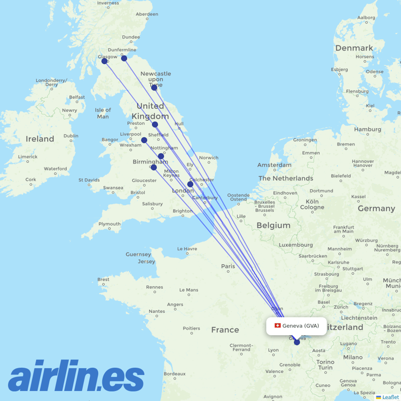 Jet2 from Geneva Airport destination map