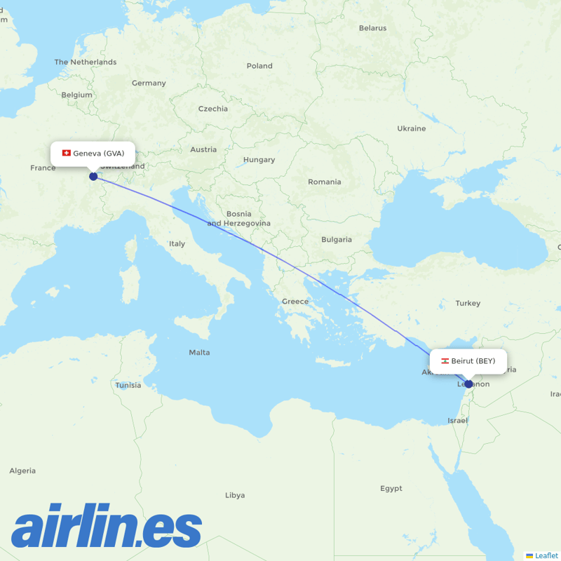 Middle East Airlines from Geneva Airport destination map