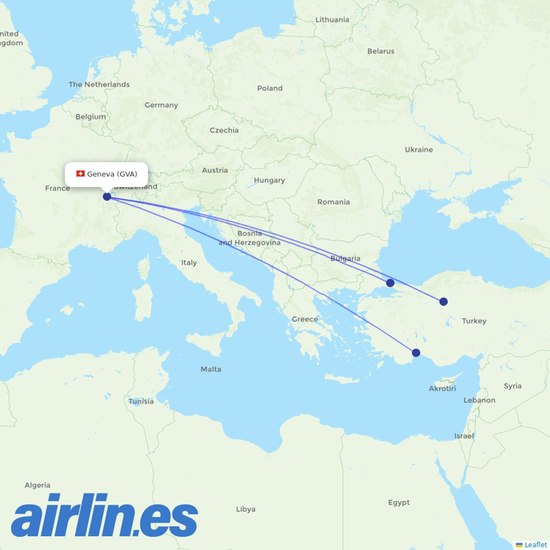 Turkish Airlines from Geneva Airport destination map