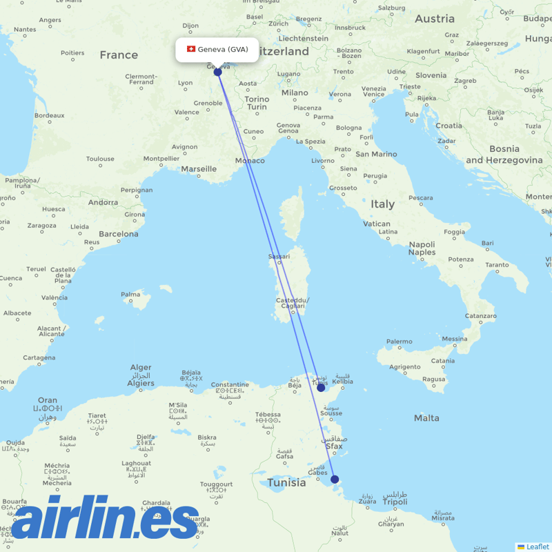 Tunisair from Geneva Airport destination map