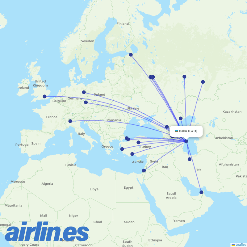 AZAL Azerbaijan Airlines from Heydar Aliyev International Airport destination map