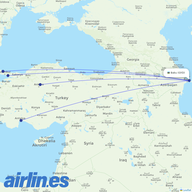 Turkish Airlines from Heydar Aliyev International Airport destination map